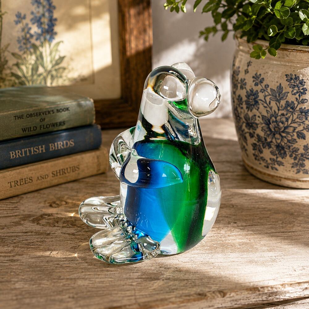 Vintage Art Glass Mouse? Koala? Figurine Paperweight Blue Green Cased Clear